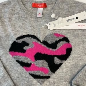 AQUA Girls Cashmere Sweater with Camo Heart - NWT